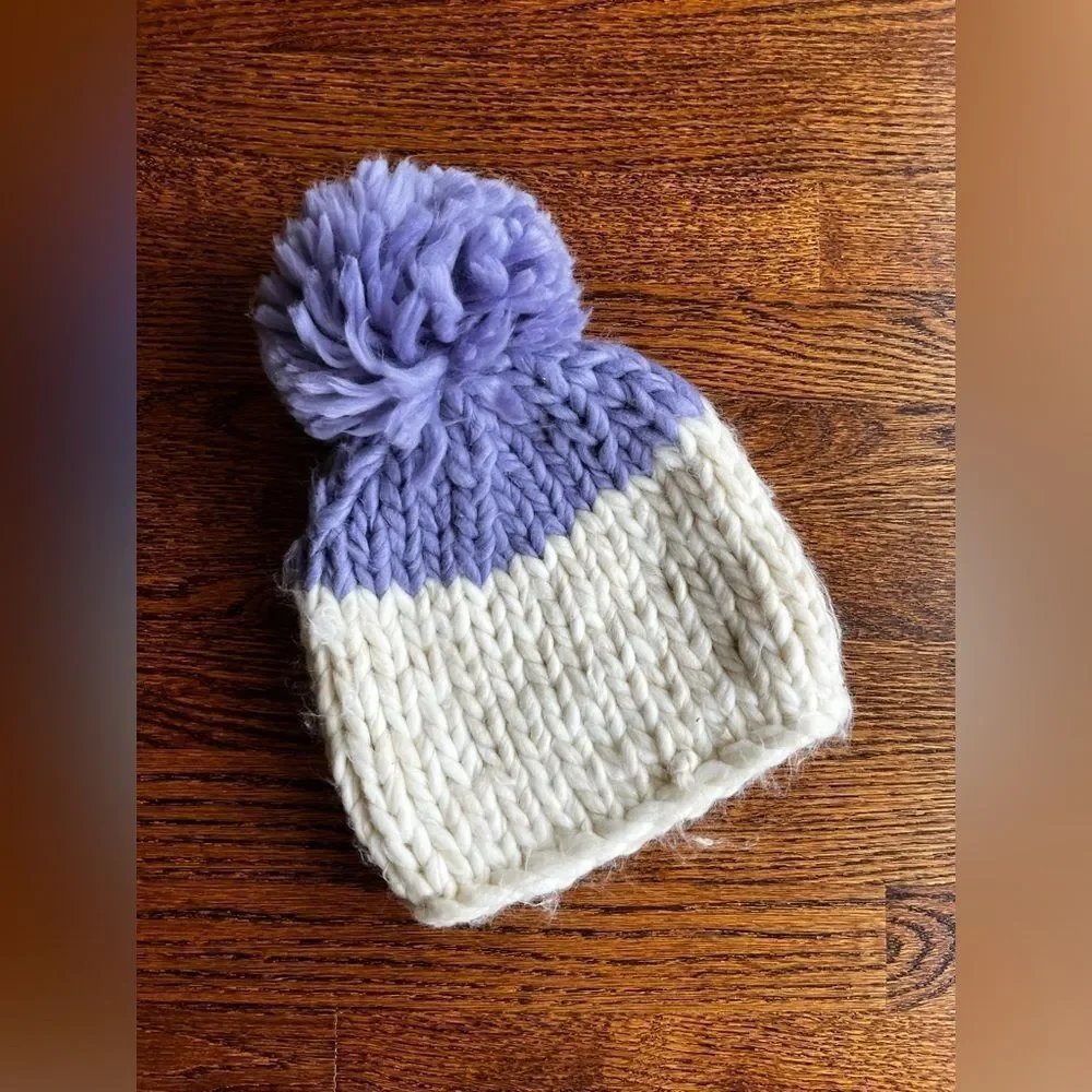 Free People Beanie Hat Cozy Up Color Block Pom Pom Lavender Ivory O/S